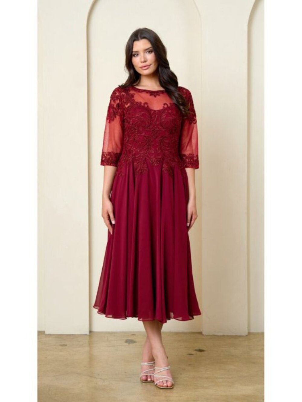 Clearance Burgundy Tea Length A Line mother of the bride Dress By Eva USA 5312